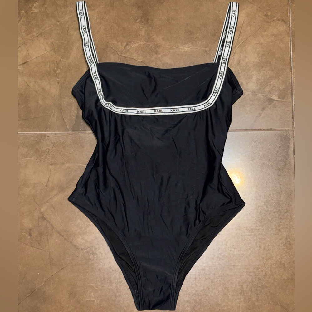 Karl Lagerfeld Black One-Piece Swimsuit with Logo-Trim Straps
